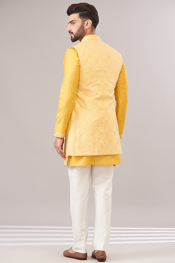 Light Yellow Jacquard Printed Indowestern Set by Zoop Men at Pernia's Pop Up Shop