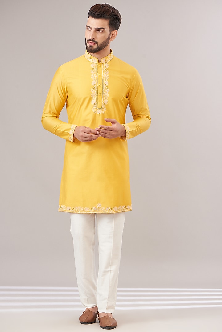 Light Yellow Jacquard Printed Indowestern Set by Zoop Men at Pernia's Pop Up Shop