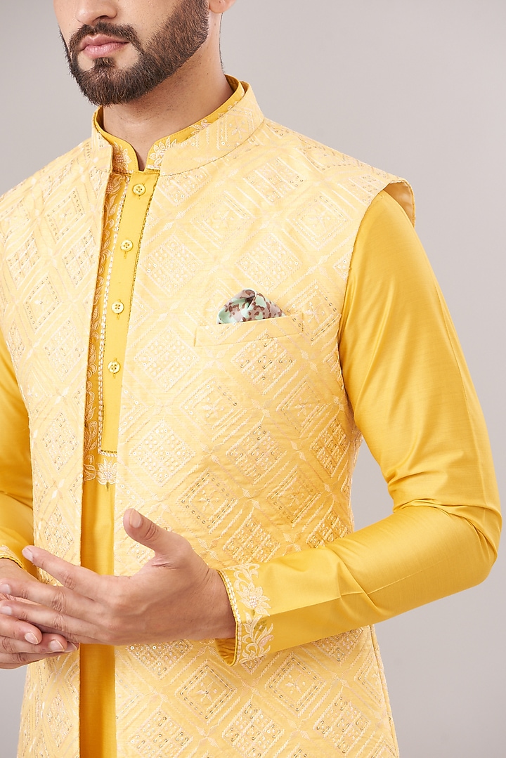 Light Yellow Jacquard Printed Indowestern Set by Zoop Men at Pernia's Pop Up Shop