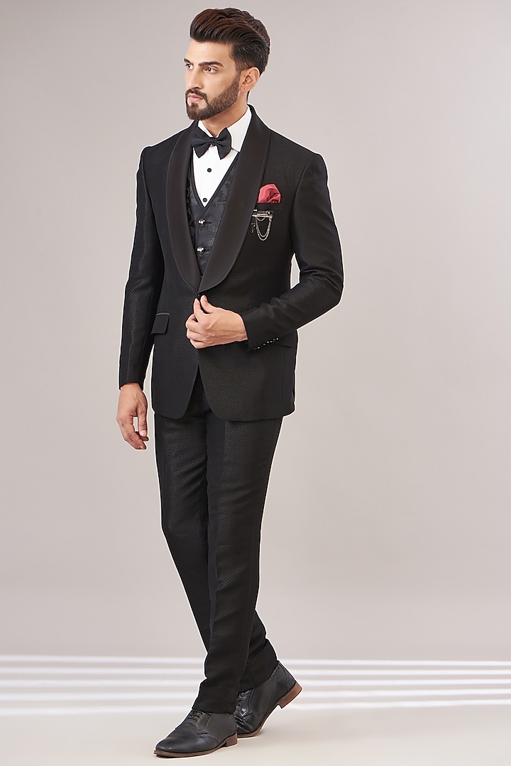 Black Italian Jacquard Tuxedo Set by Zoop Men