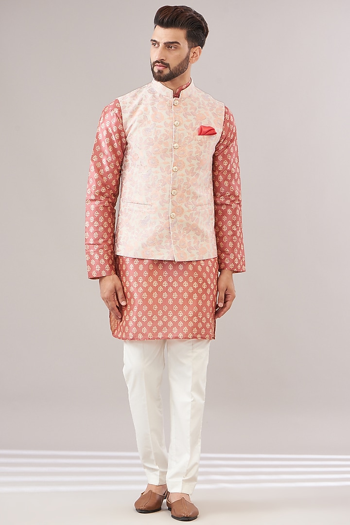 Blush Pink Jacquard Floral Printed Bundi Set by Zoop Men at Pernia's Pop Up Shop