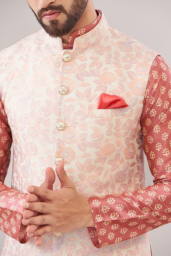 Blush Pink Jacquard Floral Printed Bundi Set by Zoop Men at Pernia's Pop Up Shop