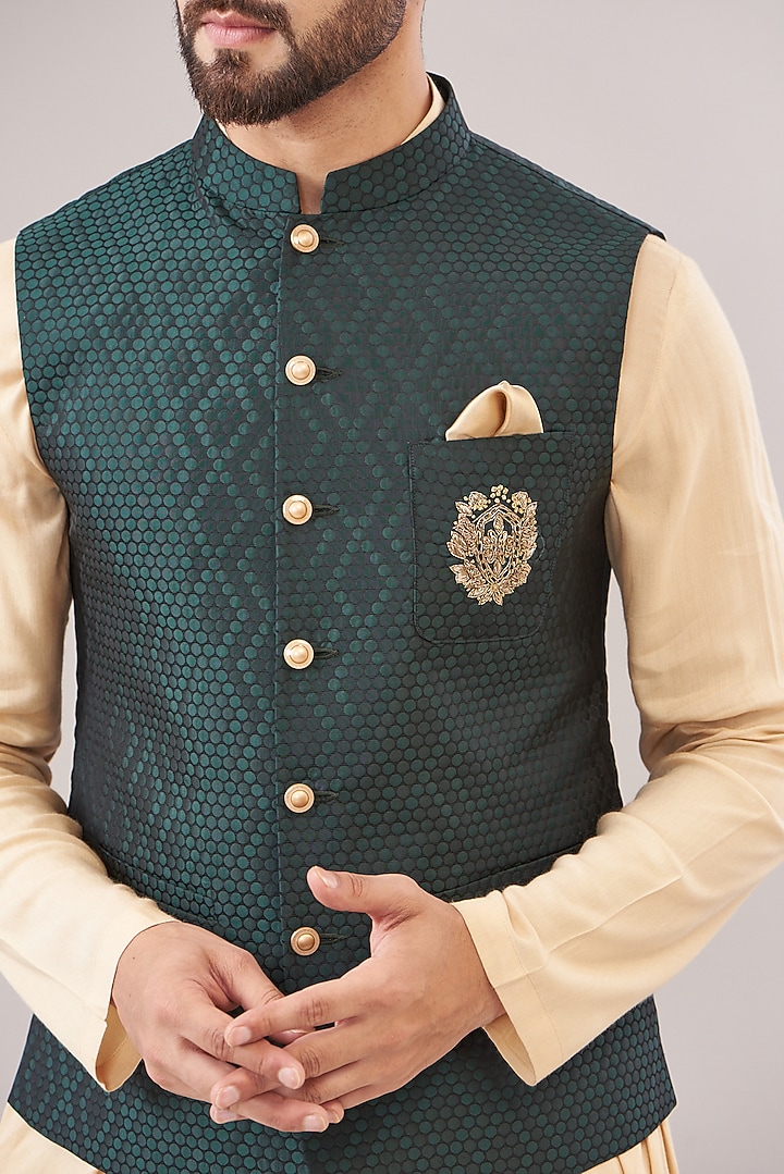 Green Turkish Jacquard Bundi Set by Zoop Men at Pernia's Pop Up Shop