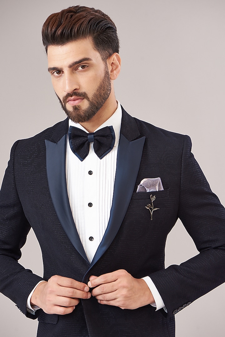 Blue Turkish Embossed Jacquard Tuxedo Set by Zoop Men at Pernia's Pop Up Shop