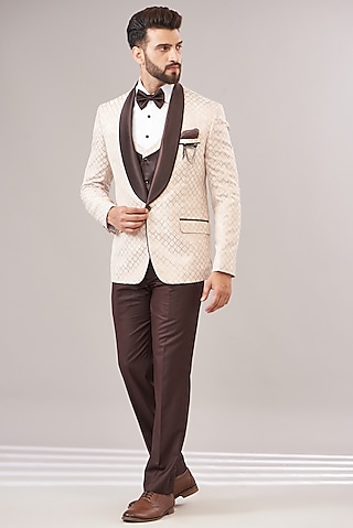 Beige Jacquard Tuxedo Set by Zoop Men