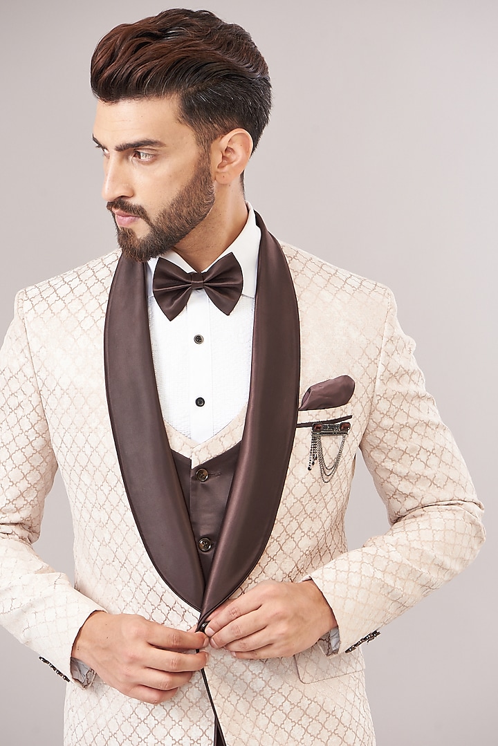Beige Jacquard Tuxedo Set by Zoop Men at Pernia's Pop Up Shop
