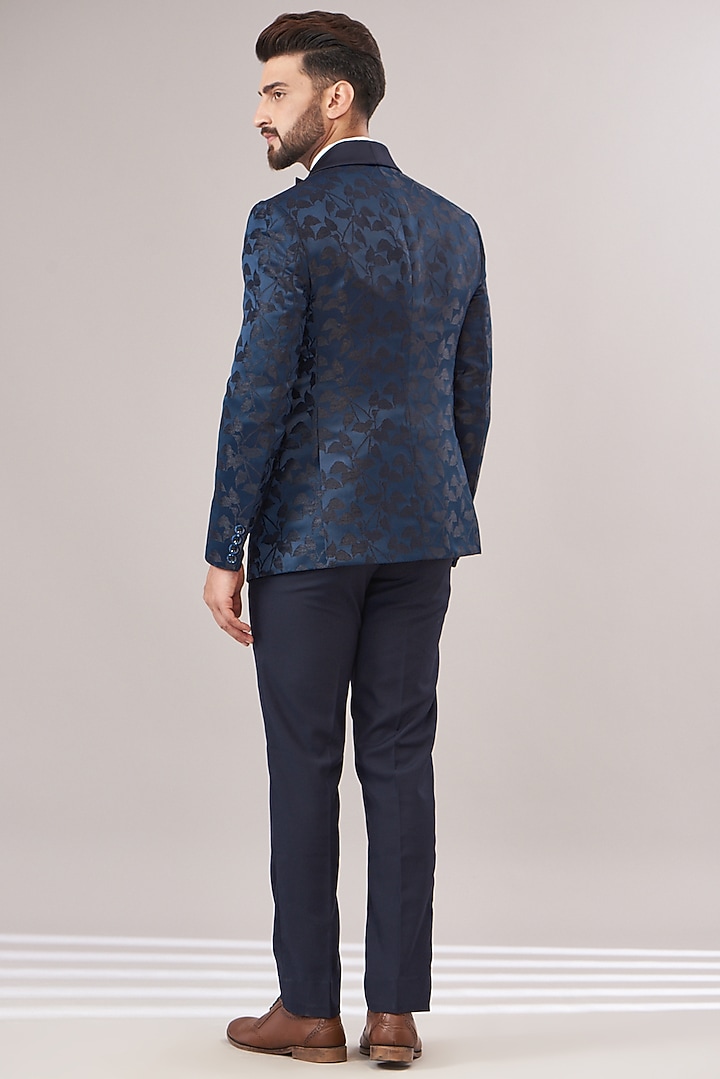 Blue Jacquard Printed Tuxedo Set by Zoop Men at Pernia's Pop Up Shop
