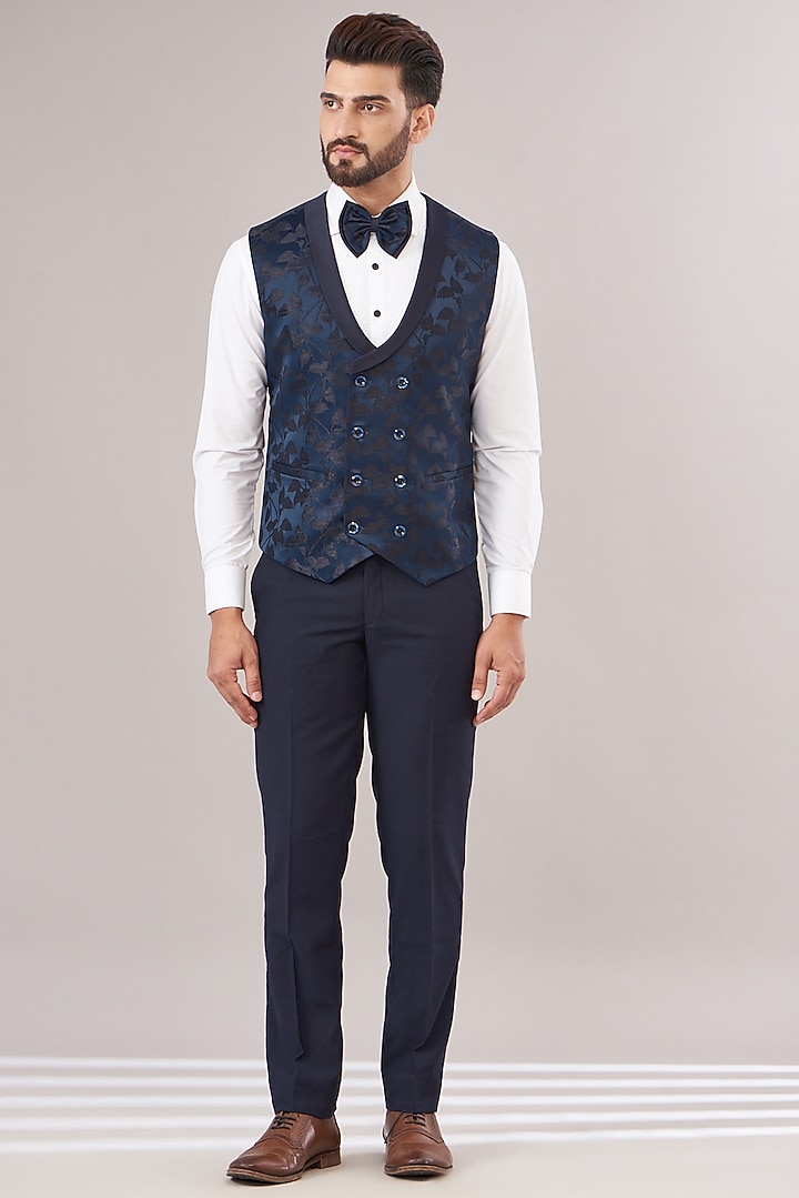 Blue Jacquard Printed Tuxedo Set by Zoop Men at Pernia's Pop Up Shop