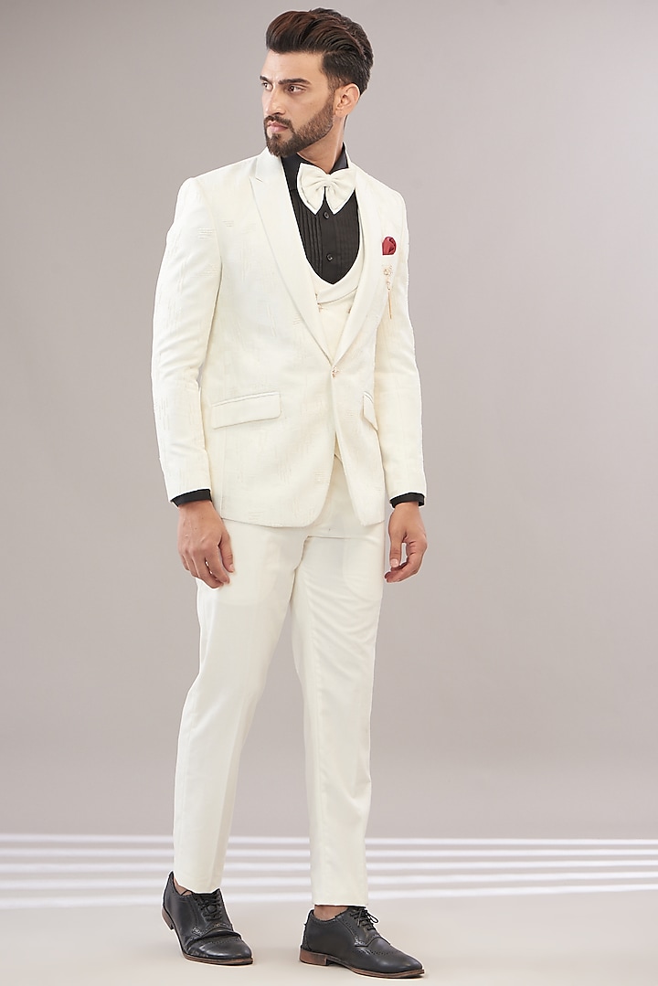 White Turkish Jacquard Tuxedo Set by Zoop Men at Pernia's Pop Up Shop