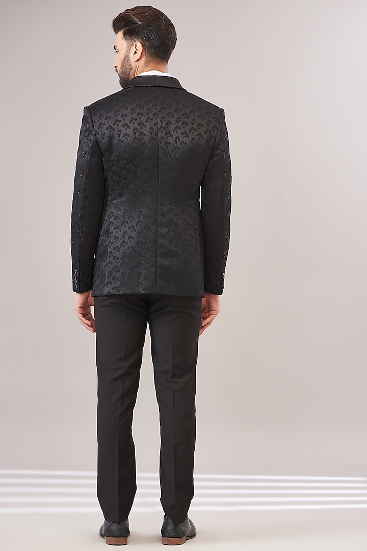 Black Turkish Jacquard Cutdana Embellished Tuxedo Set by Zoop Men at Pernia's Pop Up Shop