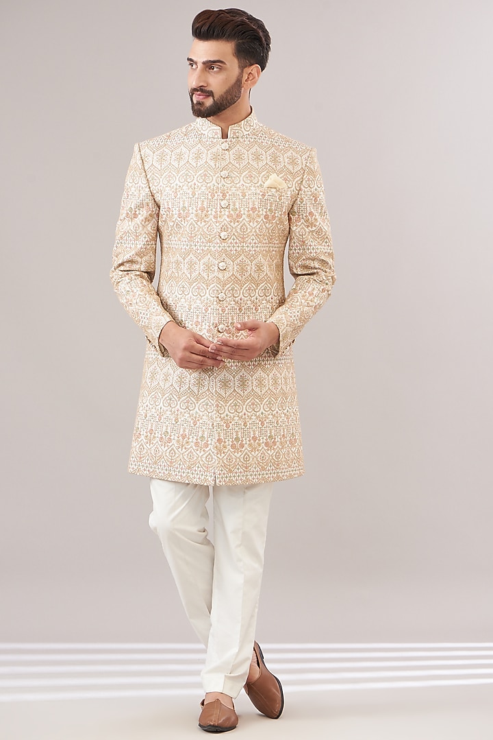 Ivory Silk Zari Work Wedding Sherwani Set by Zoop Men at Pernia's Pop Up Shop