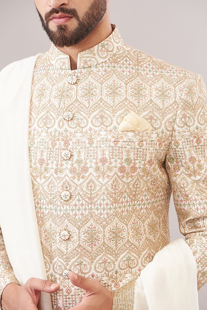Ivory Silk Zari Work Wedding Sherwani Set by Zoop Men at Pernia's Pop Up Shop