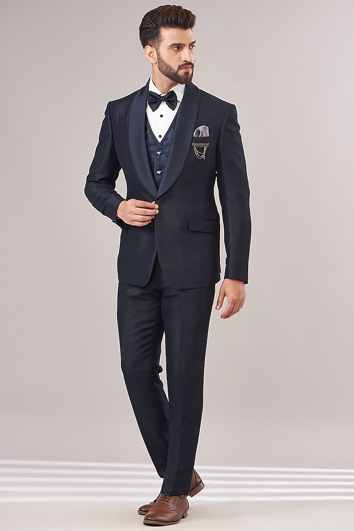 Navy Blue Italian Jacquard Tuxedo Set by Zoop Men