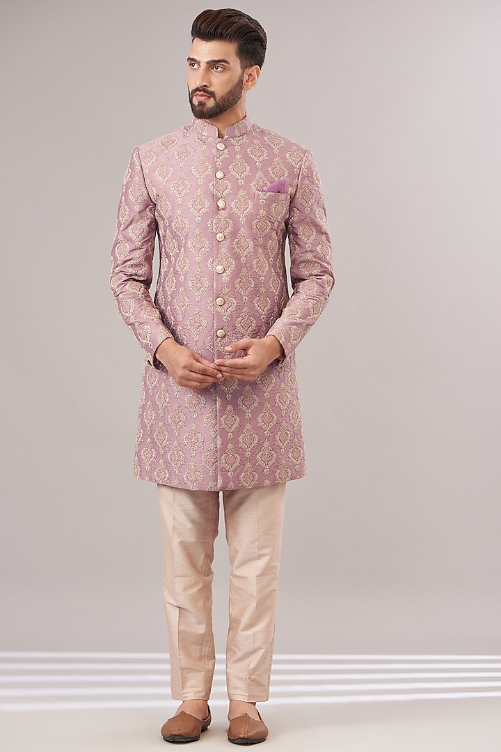 Rose Pink Silk Zari Embroidered Wedding Sherwani Set by Zoop Men at Pernia's Pop Up Shop
