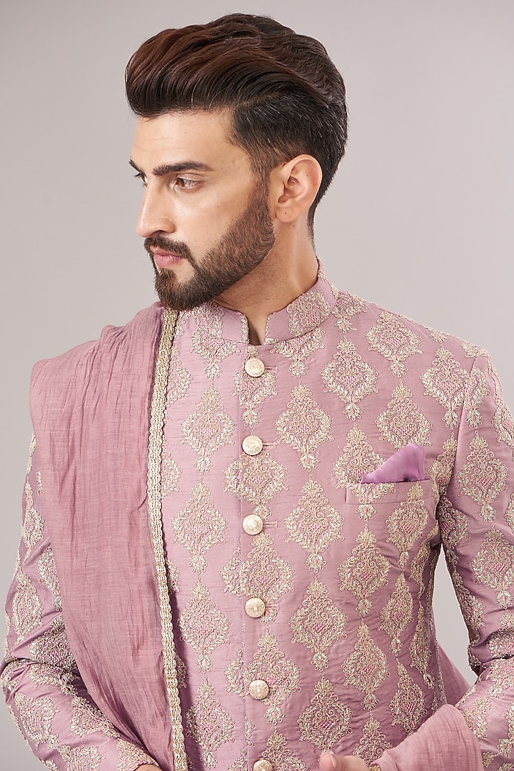 Rose Pink Silk Zari Embroidered Wedding Sherwani Set by Zoop Men at Pernia's Pop Up Shop