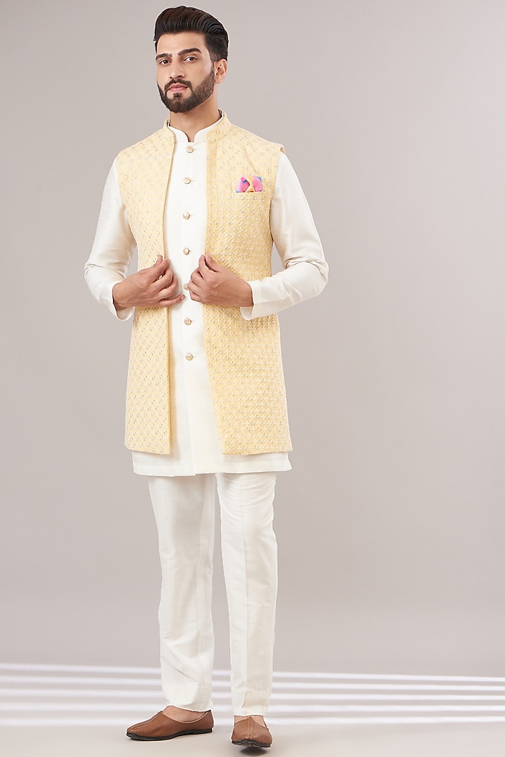 Yellow Jacquard Embroidered Indowestern Set by Zoop Men