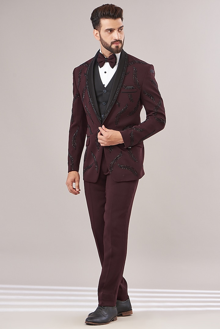 Maroon Japanese Lycra Embroidered Tuxedo Set by Zoop Men at Pernia's Pop Up Shop