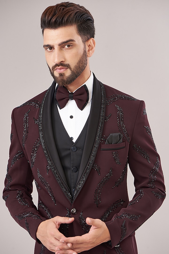 Maroon Japanese Lycra Embroidered Tuxedo Set by Zoop Men at Pernia's Pop Up Shop