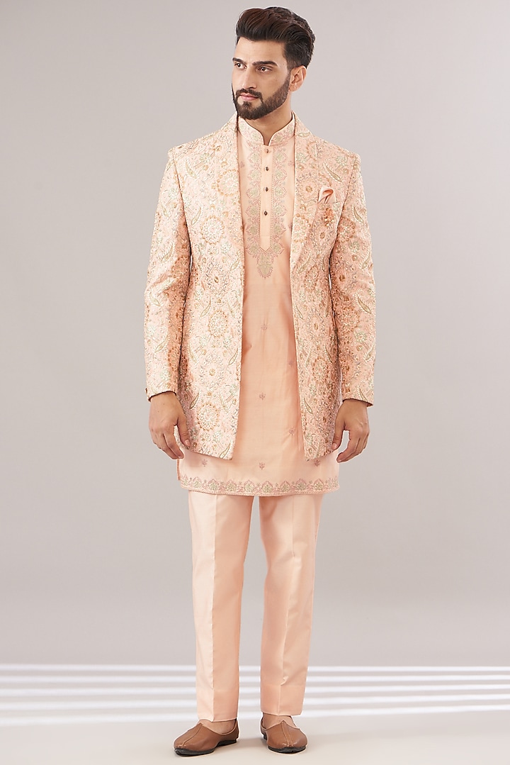 Pink Cotton Silk Embroidered Indowestern Set by Zoop Men