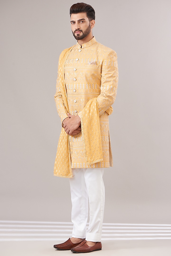 Yellow Cotton Silk Embroidered Sherwani Set by Zoop Men