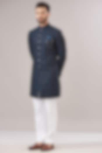 Royal Blue Cotton Silk Embroidered Wedding Sherwani Set by Zoop Men at Pernia's Pop Up Shop