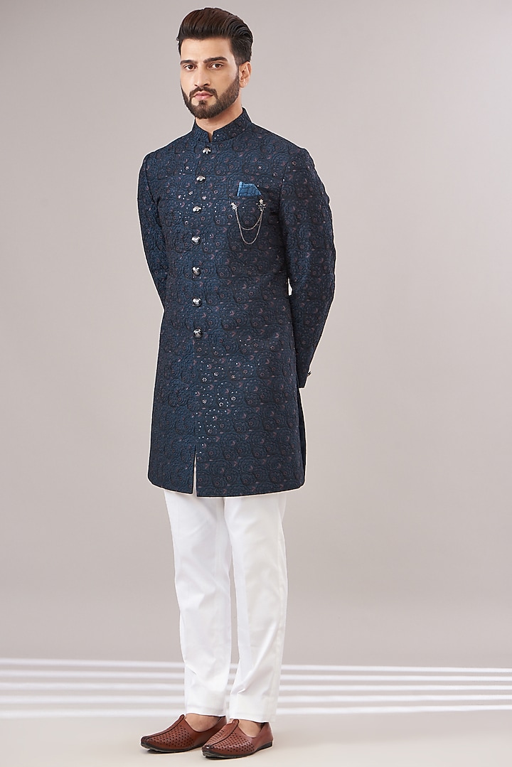 Royal Blue Cotton Silk Embroidered Wedding Sherwani Set by Zoop Men at Pernia's Pop Up Shop