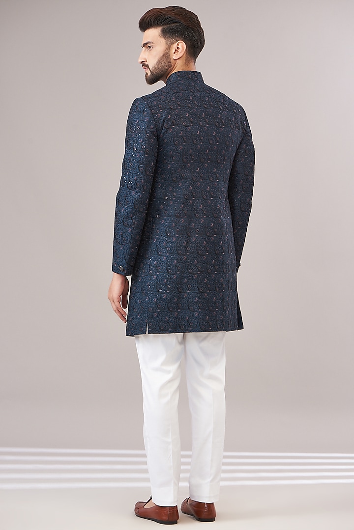 Royal Blue Cotton Silk Thread Embroidered Wedding Sherwani Set by Zoop Men at Pernia's Pop Up Shop