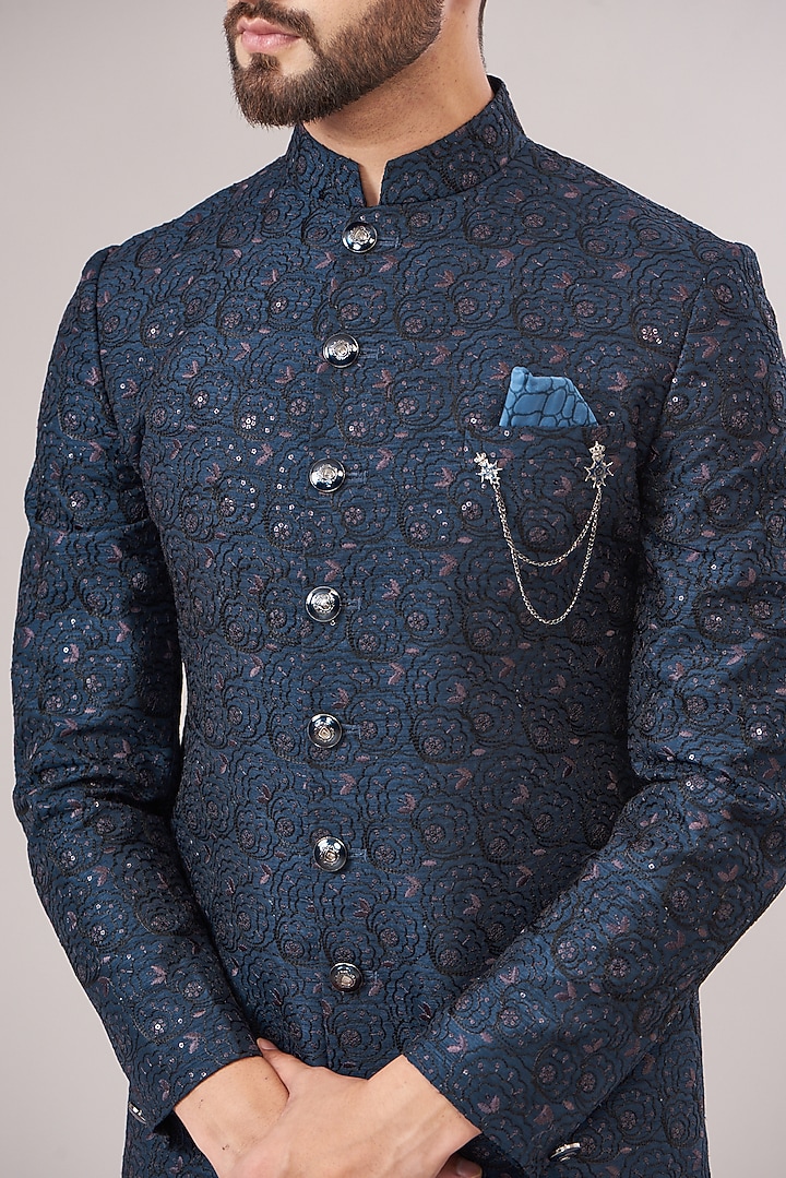 Royal Blue Cotton Silk Thread Embroidered Wedding Sherwani Set by Zoop Men at Pernia's Pop Up Shop