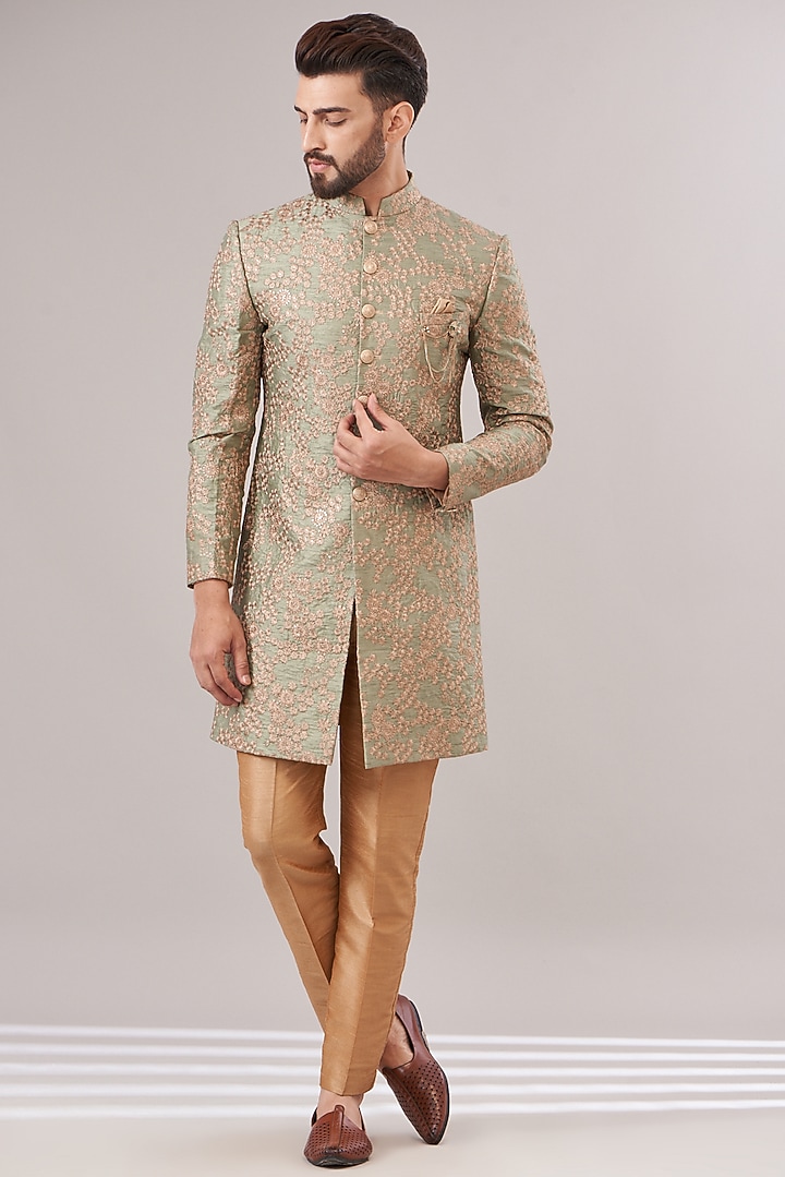Green Brocade Embroidered Wedding Sherwani Set by Zoop Men at Pernia's Pop Up Shop