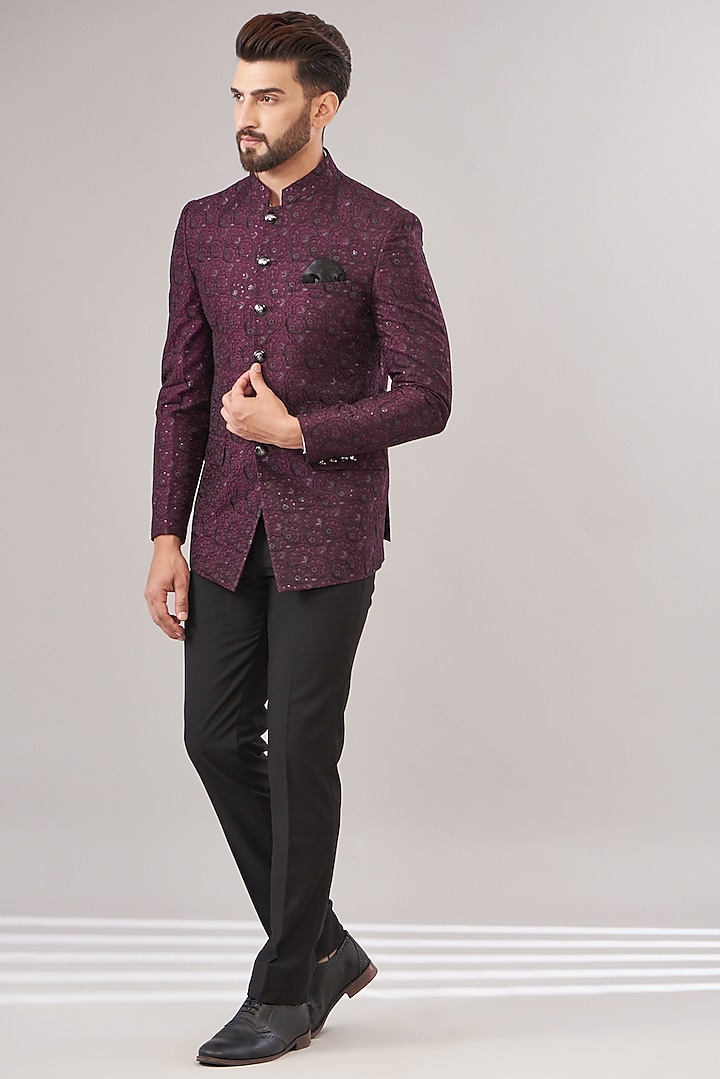 Purple Jacquard Embroidered Bandhgala Set by Zoop Men