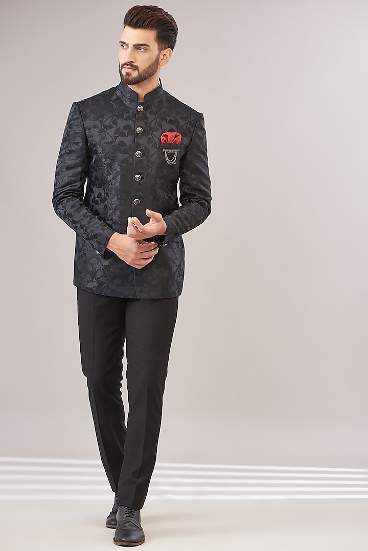 Midnight Black Jacquard Printed Bandhgala Set by Zoop Men