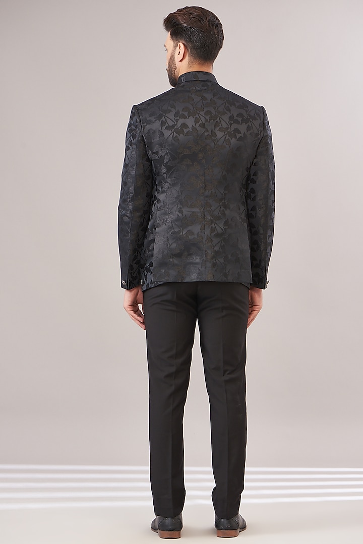 Midnight Black Jacquard Printed Bandhgala Set by Zoop Men at Pernia's Pop Up Shop