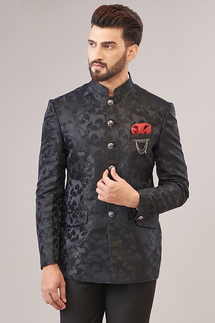 Midnight Black Jacquard Printed Bandhgala Set by Zoop Men at Pernia's Pop Up Shop