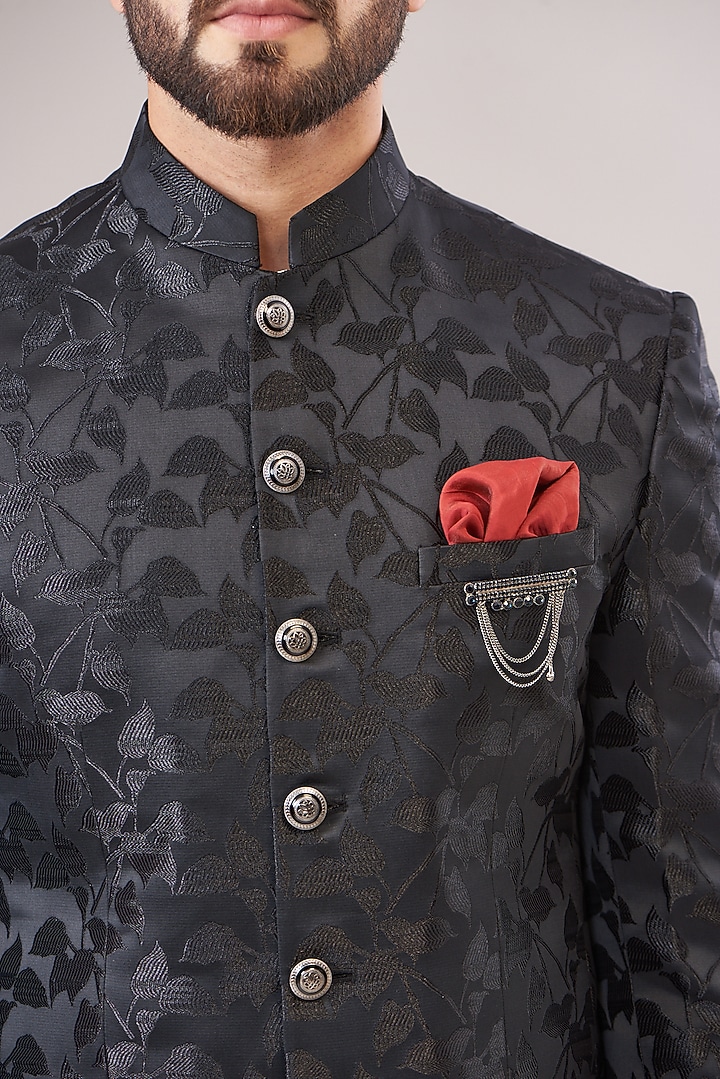 Midnight Black Jacquard Printed Bandhgala Set by Zoop Men at Pernia's Pop Up Shop
