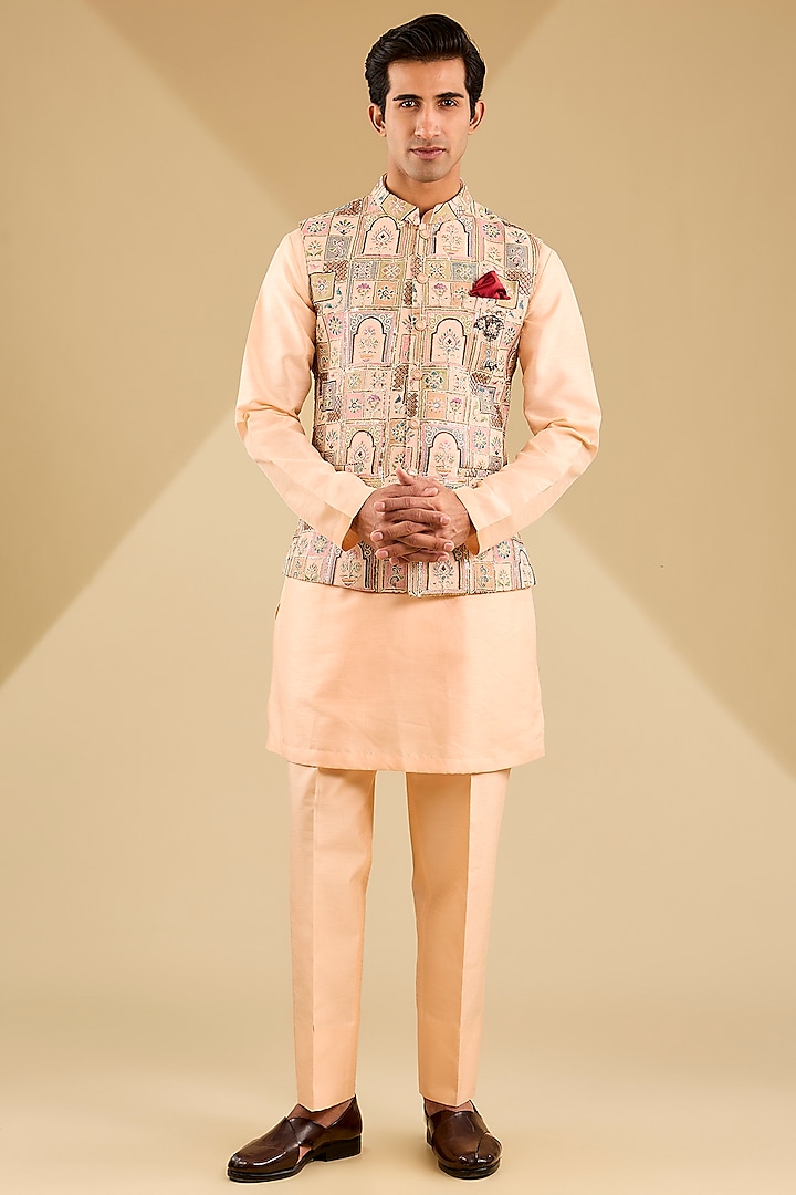 Peach Georgette Zardosi Embroidered Bundi Jacket Set by Zoop Men
