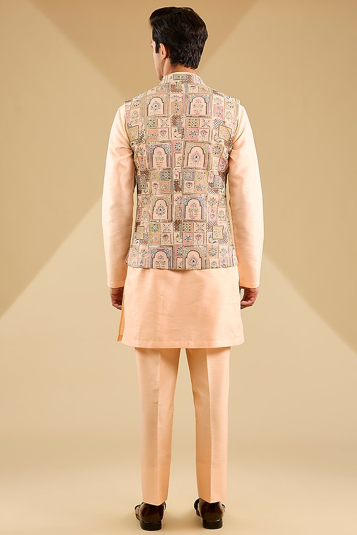 Peach Georgette Zardosi Embroidered Bundi Jacket Set by Zoop Men at Pernia's Pop Up Shop