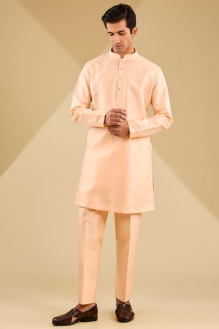 Peach Georgette Zardosi Embroidered Bundi Jacket Set by Zoop Men at Pernia's Pop Up Shop