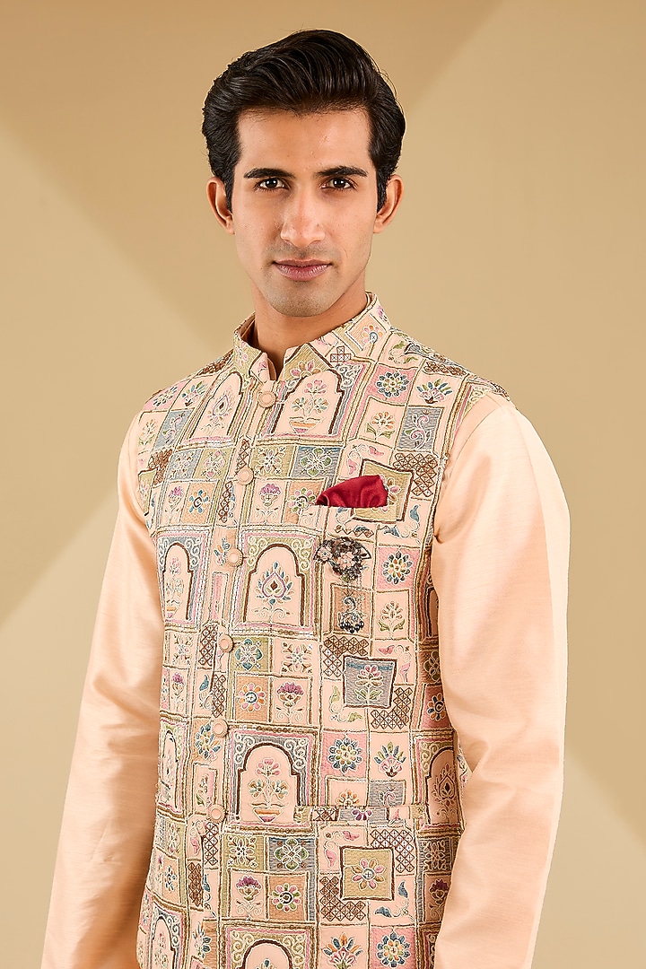 Peach Georgette Zardosi Embroidered Bundi Jacket Set by Zoop Men at Pernia's Pop Up Shop