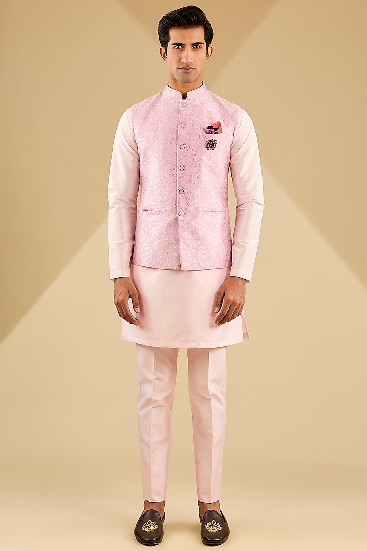 Light Pink Georgette Weaved Jacquard Bundi Jacket Set by Zoop Men at Pernia's Pop Up Shop