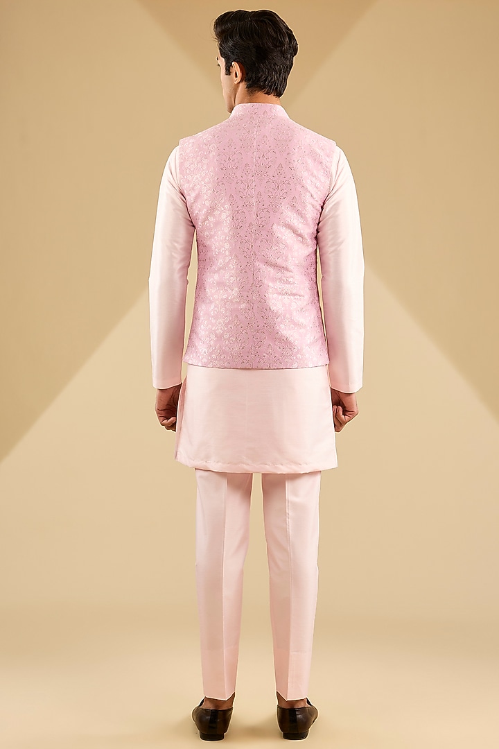 Light Pink Georgette Weaved Jacquard Bundi Jacket Set by Zoop Men at Pernia's Pop Up Shop