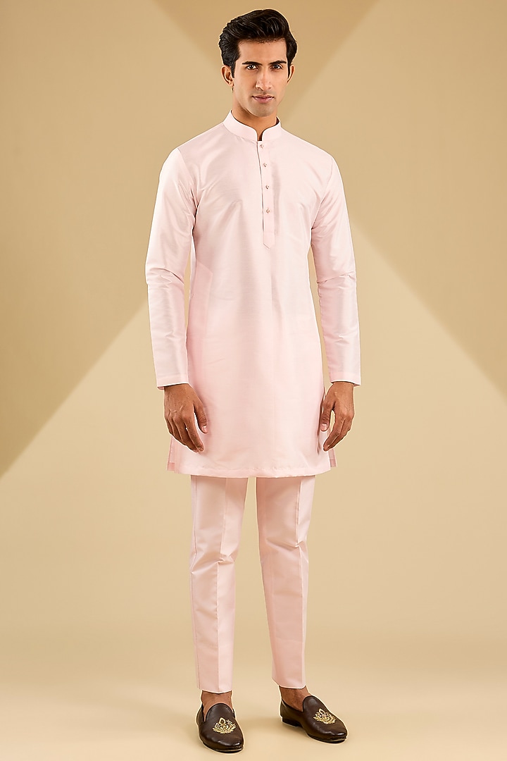 Light Pink Georgette Weaved Jacquard Bundi Jacket Set by Zoop Men at Pernia's Pop Up Shop
