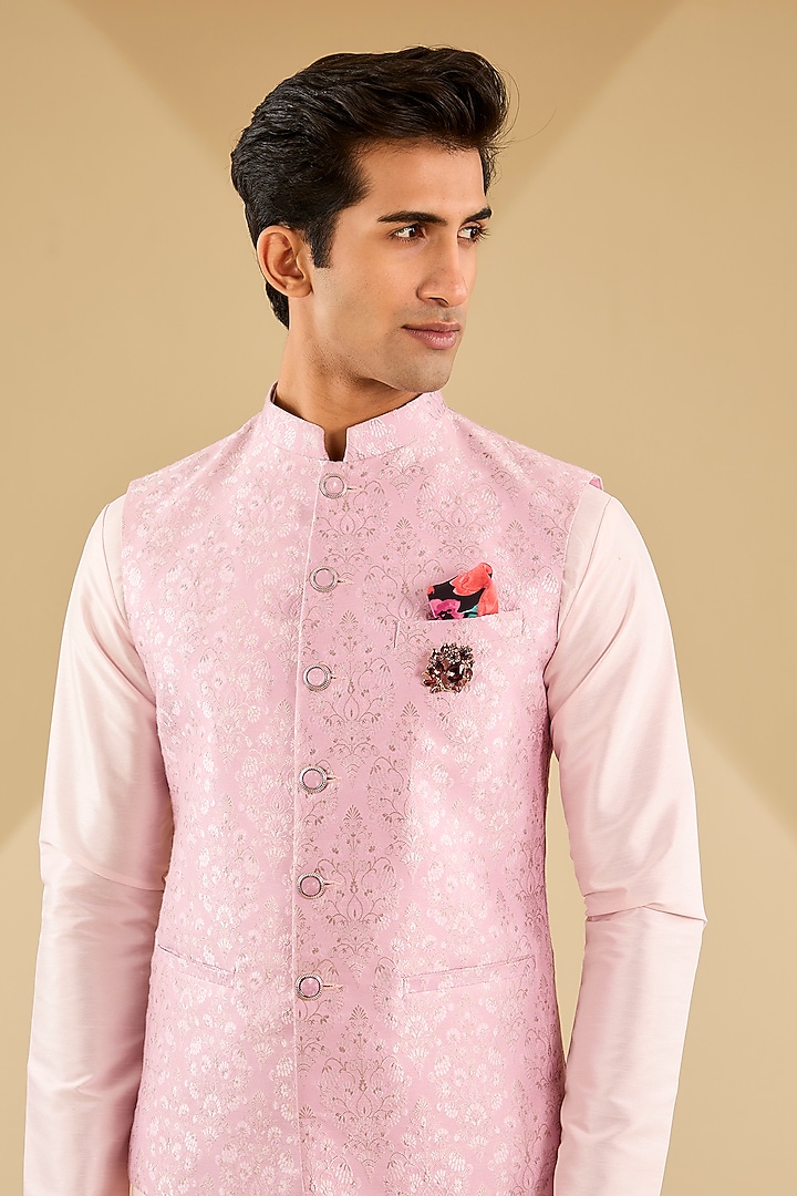 Light Pink Georgette Weaved Jacquard Bundi Jacket Set by Zoop Men at Pernia's Pop Up Shop