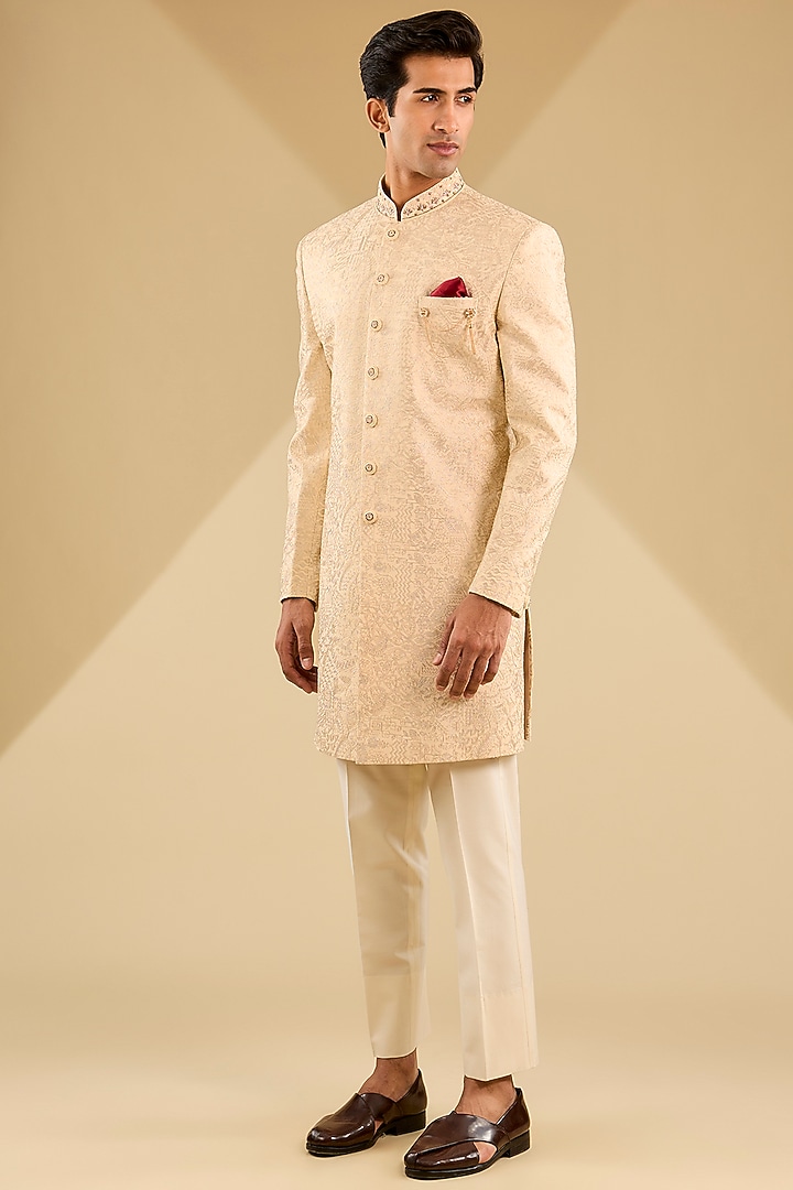 Gold Jacquard Silk Dabka Hand Embroidered Wedding Indowestern Set by Zoop Men at Pernia's Pop Up Shop