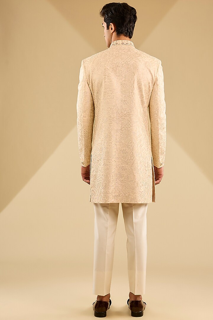 Gold Jacquard Silk Dabka Hand Embroidered Wedding Indowestern Set by Zoop Men at Pernia's Pop Up Shop