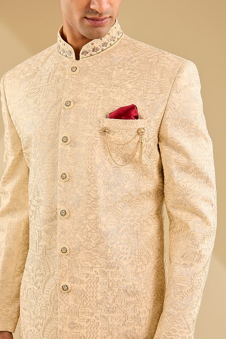 Gold Jacquard Silk Dabka Hand Embroidered Wedding Indowestern Set by Zoop Men at Pernia's Pop Up Shop