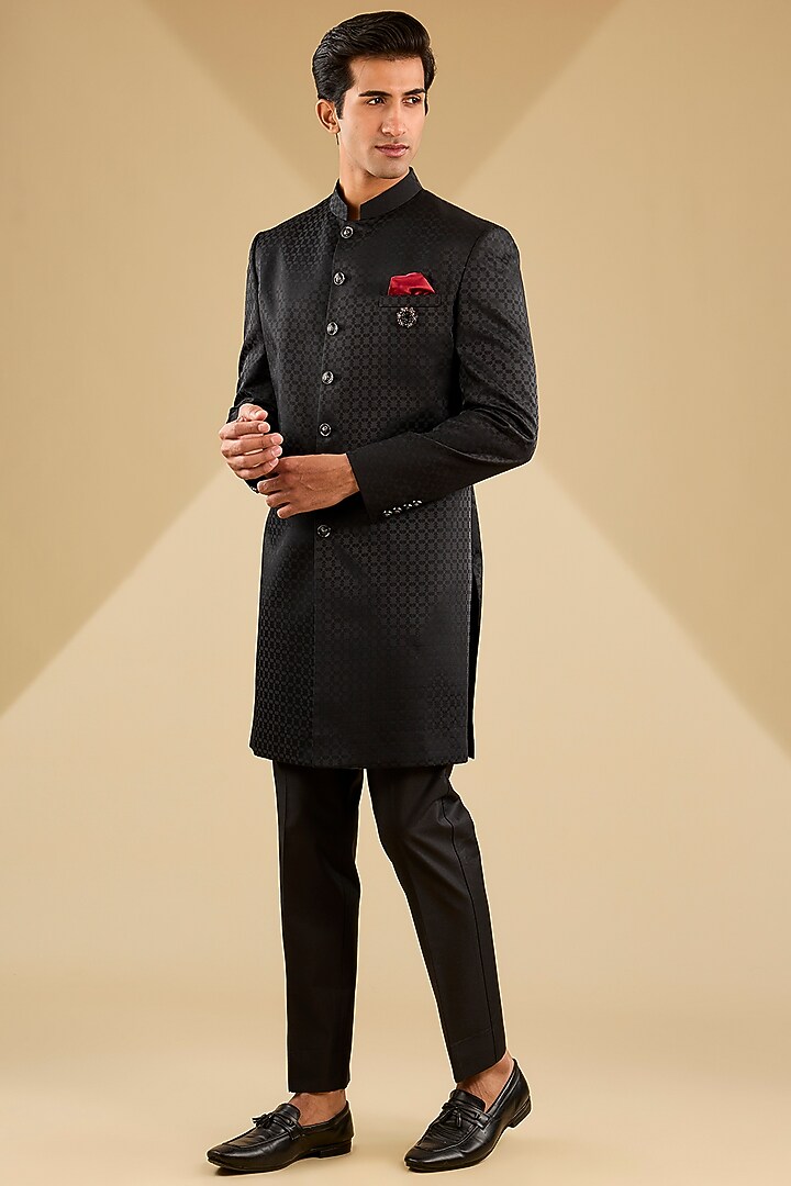 Black Jacquard Weaved Wedding Indowestern Set by Zoop Men at Pernia's Pop Up Shop