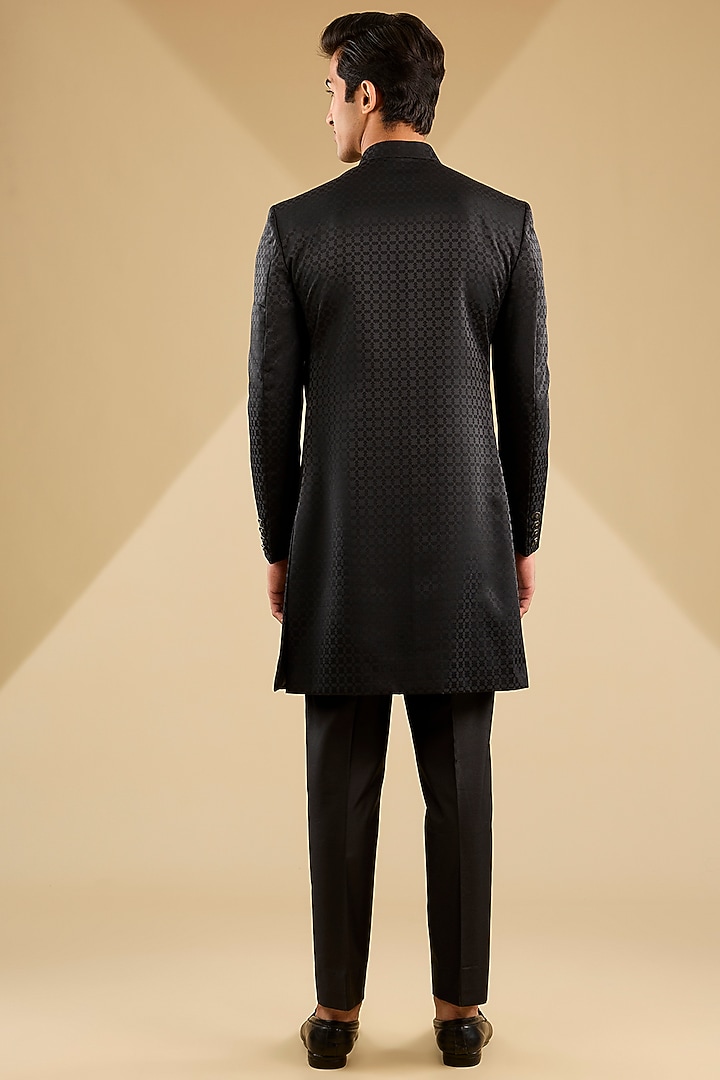 Black Jacquard Weaved Wedding Indowestern Set by Zoop Men at Pernia's Pop Up Shop