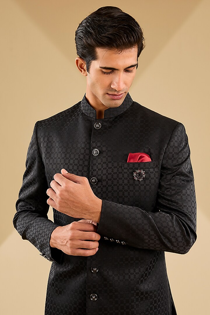 Black Jacquard Weaved Wedding Indowestern Set by Zoop Men at Pernia's Pop Up Shop