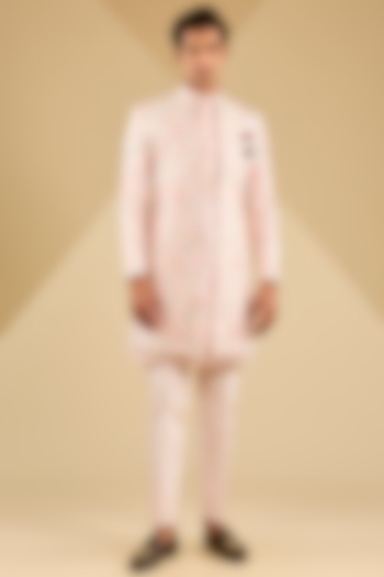 Light Pink Jacquard Silk Thread Embroidered Indowestern Set by Zoop Men