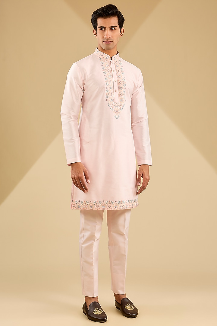 Light Pink Jacquard Silk Thread Embroidered Wedding Indowestern Set by Zoop Men at Pernia's Pop Up Shop